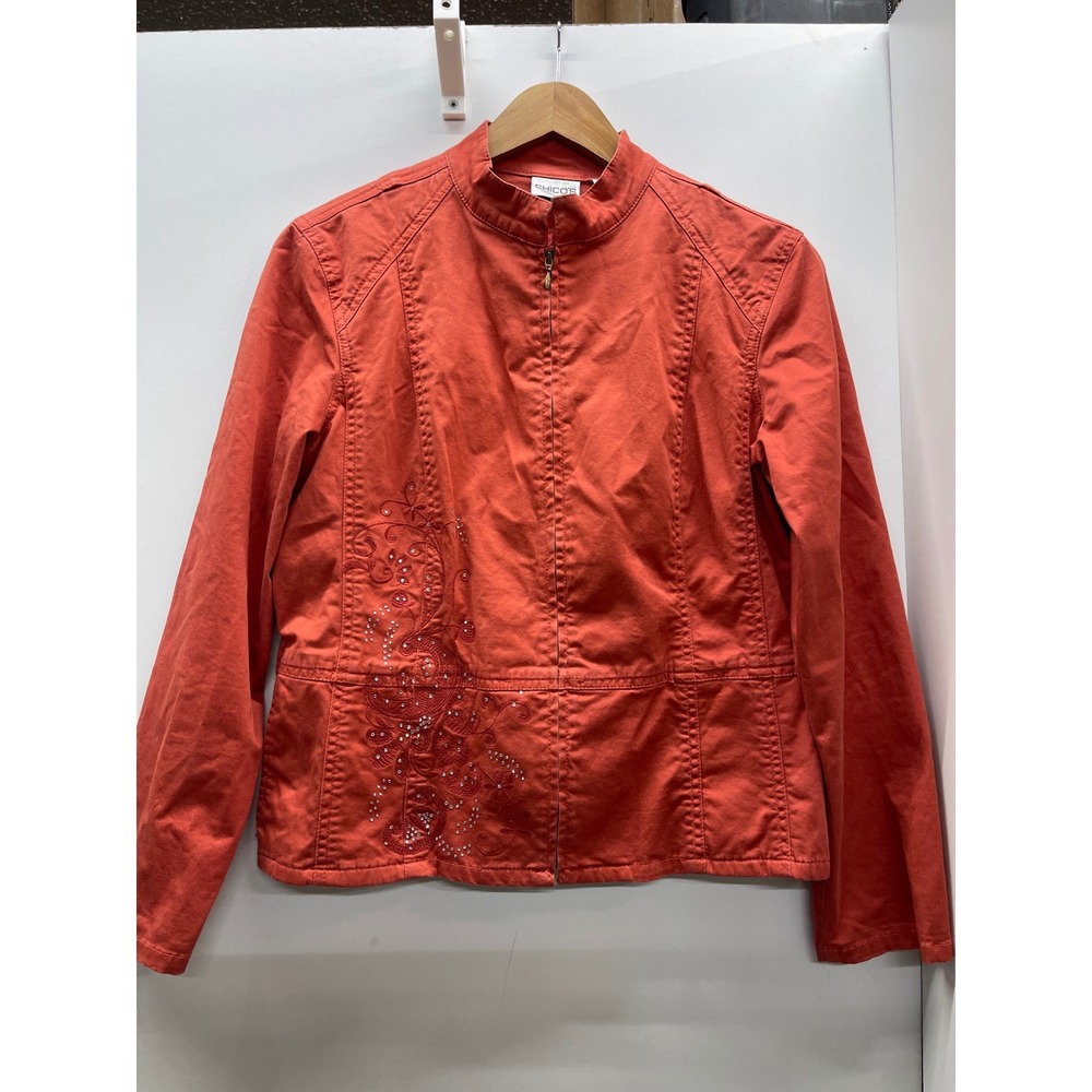 Chicos Women Orange Embroidered Rhinestone Zip Up Mock Neck Jacket Size 1 M